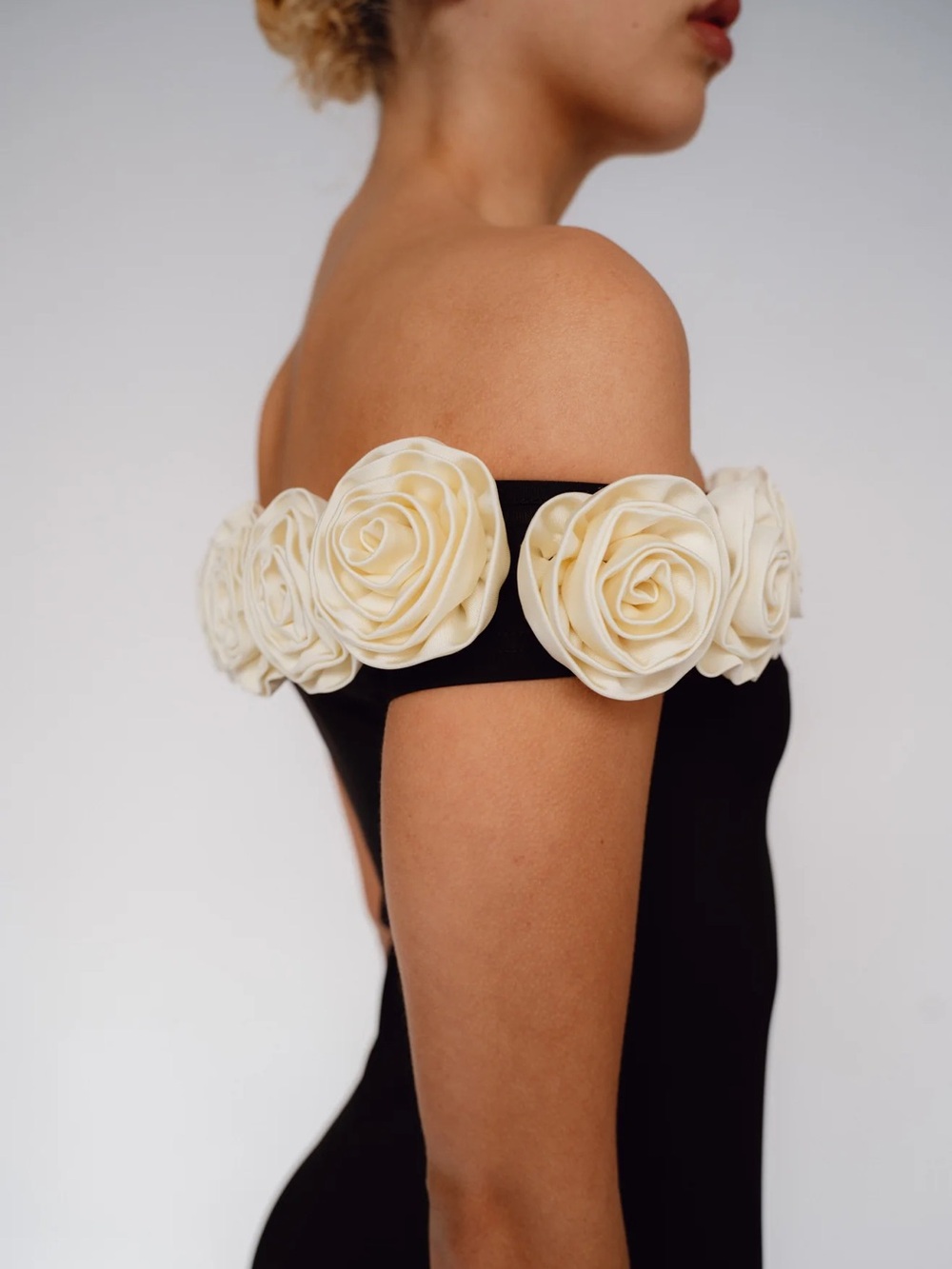 Off-Shoulder Black Maxi Dress with Cream Rose Trim - Picture 5 of 5